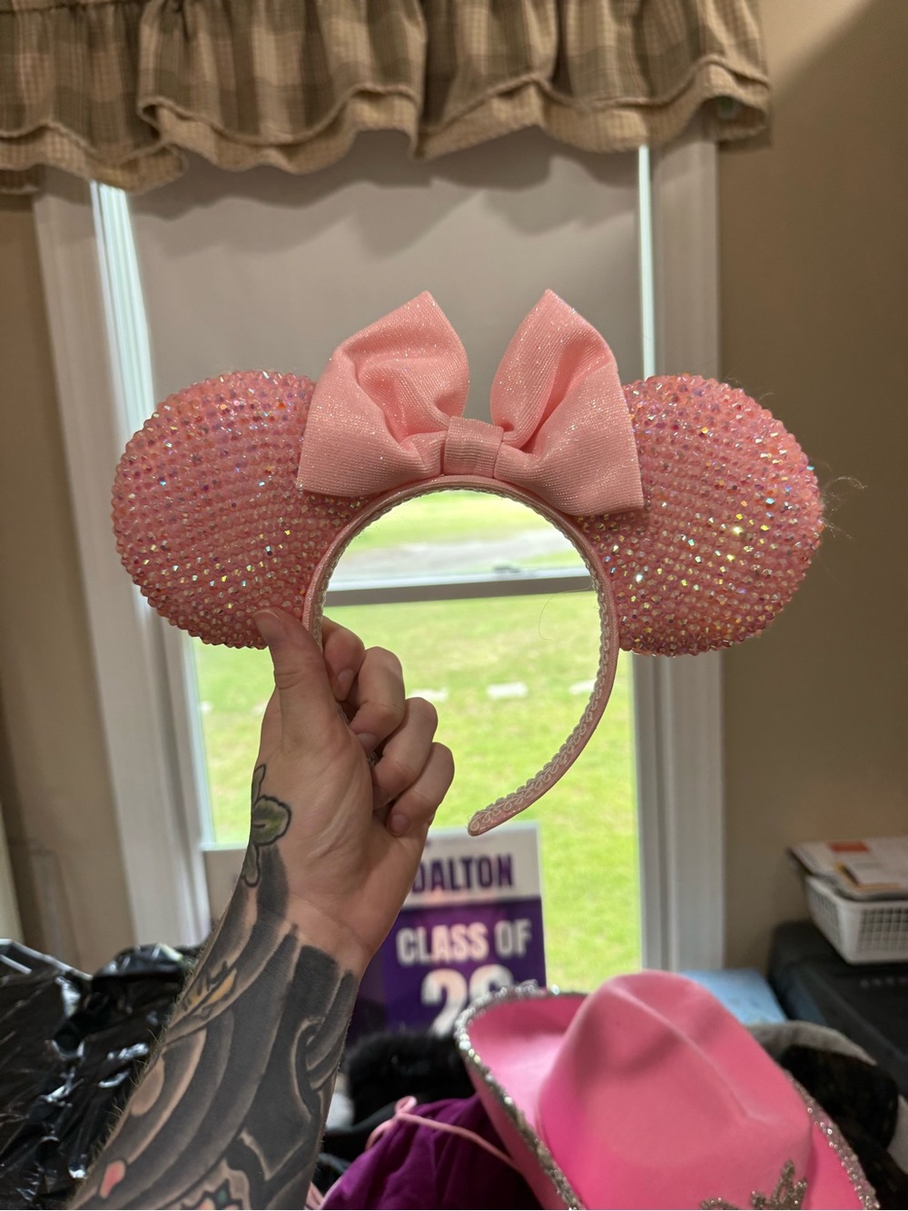 Sparkling Pink Minnie Ears Headband with Bow